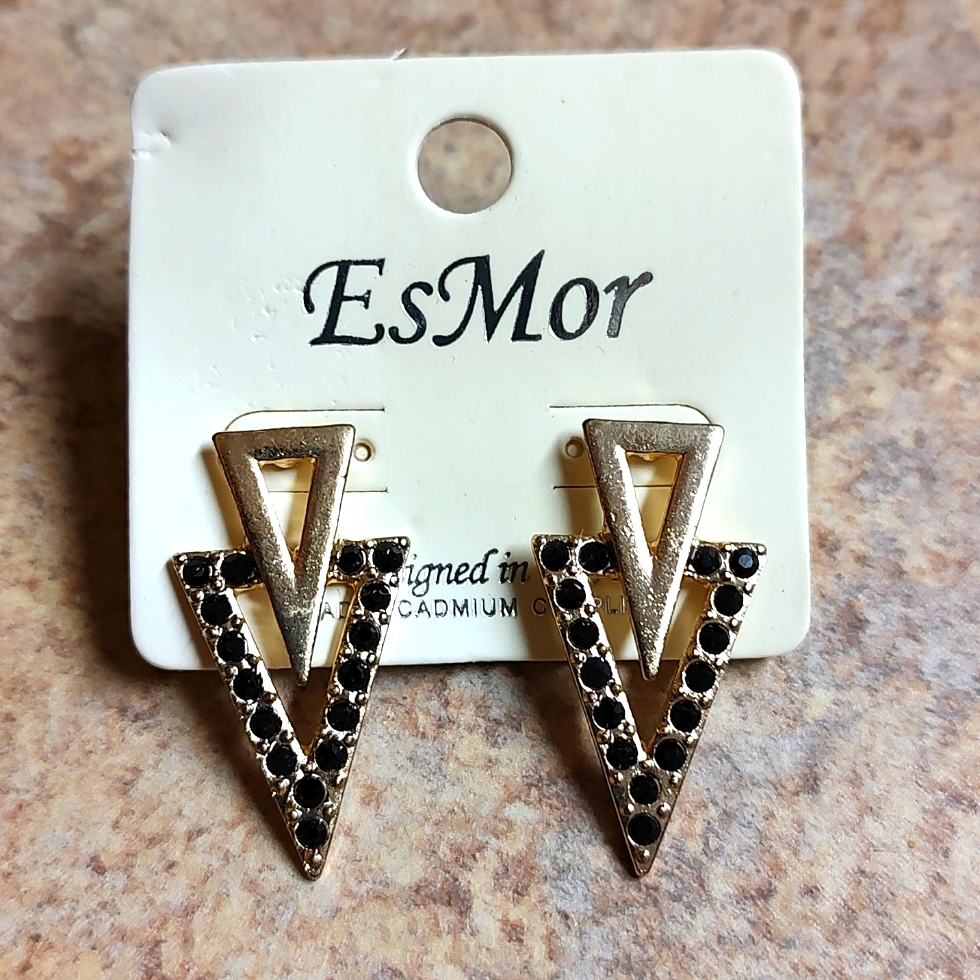 3 For $15 Gold Double Trigon With Black Bling Gemstone Stud Earrings